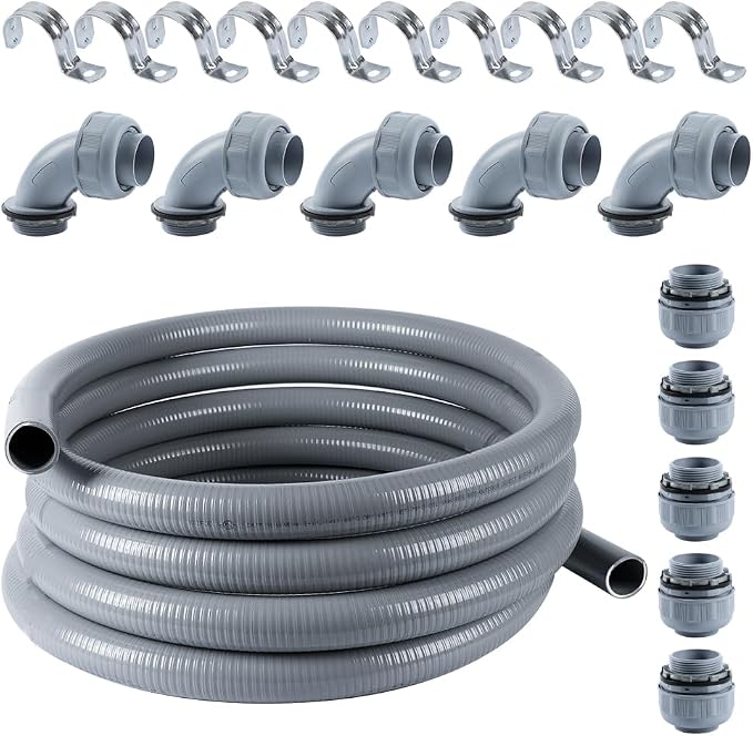 Liquid-Tight Conduit 1-1/4 inch 25ft w/UL Certification | Flexible Electrical Conduit with 5 Straight and 5 90-Degree Conduit Connector Fittings Gray