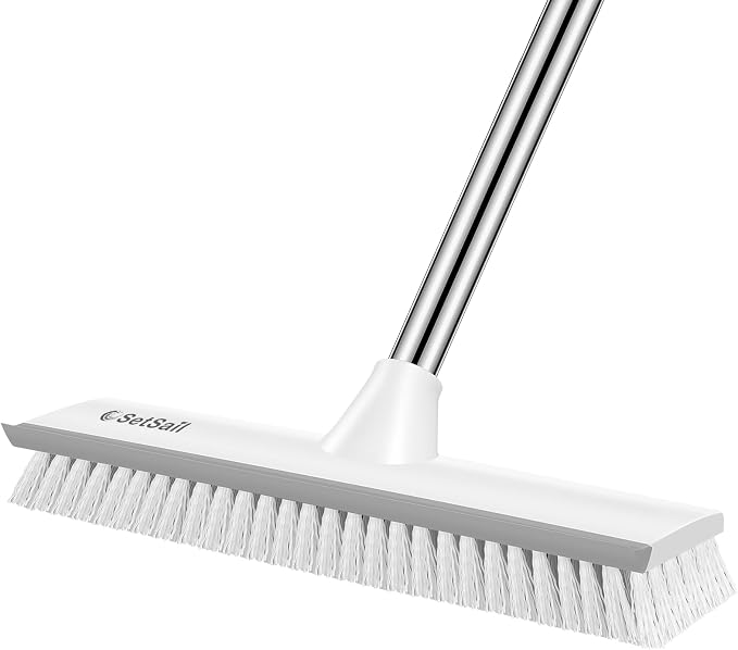 SetSail Upgraded Large Wide Floor Scrub Brush with 51-Inch Long Adjustable Handle 2 in 1 Scrape Brush Stiff Bristle Floor Scrubber for Cleaning Shower Bathroom Kitchen Wall Deck Tub Tile,Grey White