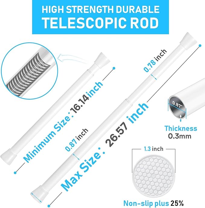MEXAU White Tension Rod 18 To 26 Inch Spring Curtain Rod Adjustable Tension Curtain Rods No Drilling Short Tension Rod Extendable Small Spring Tension Curtain Rod for Closet Cupboard Bars Refrigerator