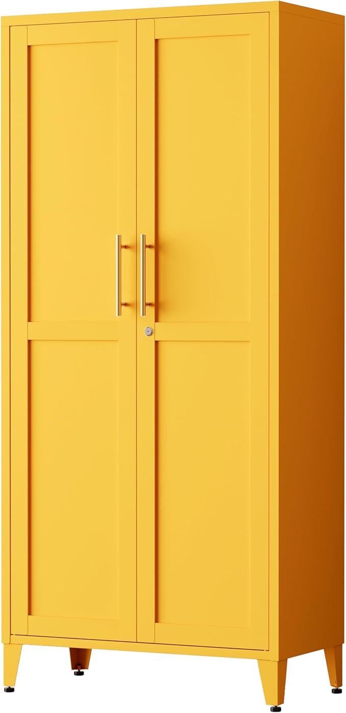 61" Yellow Metal Storage Cabinet and Lock, 2-Door Metal Locker Cabinet with Adjustable Shelves, 4-Tier Steel Storage Locker for Bedroom Living Room Kitchen Home Office Size：61"H X 27.6"W X 13.8"D