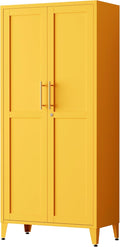 61" Yellow Metal Storage Cabinet and Lock, 2-Door Metal Locker Cabinet with Adjustable Shelves, 4-Tier Steel Storage Locker for Bedroom Living Room Kitchen Home Office Size：61"H X 27.6"W X 13.8"D