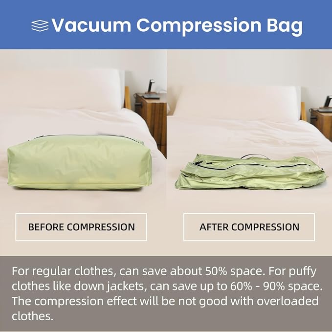 BAGAIL TPU Vacuum Bag for Travel, Reusable Compression Bag with IPX8 Waterproof Zipper, Save Space for Suitcase, Backpack and Carry on (Olive Green, Large, With Pump)