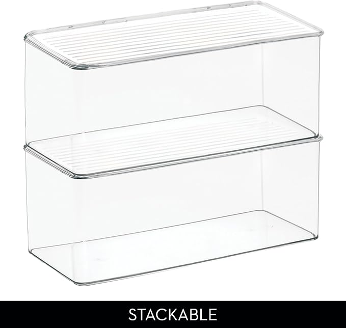 iDesign Plastic Stackable Hinged-Lid Storage Box, Set of 3, Clear | For Kitchen, For Bathroom, For Office