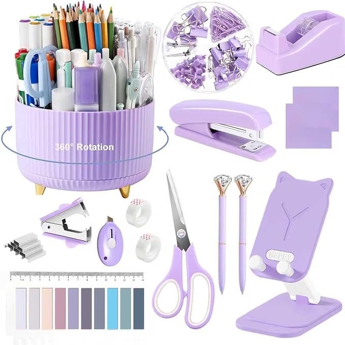 Office Supplies,Desk Accessories,with Stapler,Tape Dispenser,Staple Remover,Scissor,Ballpoint Pen,Sticky Notes,Clear Tape,Staples,Desk Organizer,Phone Stand,Binder,Index Tabs,Best Gift Set(Purple)