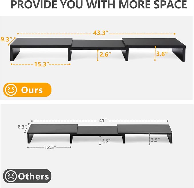 TAVR Monitor Stand Riser, Office Desktop Organizer Stand for 2 Monitors | Adjustable Length and Angle 3 Shelf, Extra Long Multifunctional Wooden Stand up to 43.3" fit Computer, Laptop, TV, Black