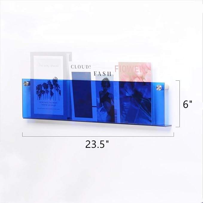 ROYALITA 2-Pack Acrylic Magazine Holder Brochure Holder, Blue 24 Inch | Record Magazine Rack, Fashion Floating Bookshelf, Literature Storage Rack for Waiting Room, Living Room, Office