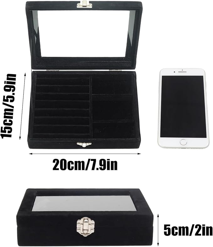 Small Velvet Jewelry Tray with Clear Lid, Lockable Ring Earring Holder Organizer Storage Box Case Jewelry Box Organizer for Rings Earrings Bracelets Brooches, 2-in-1 Black
