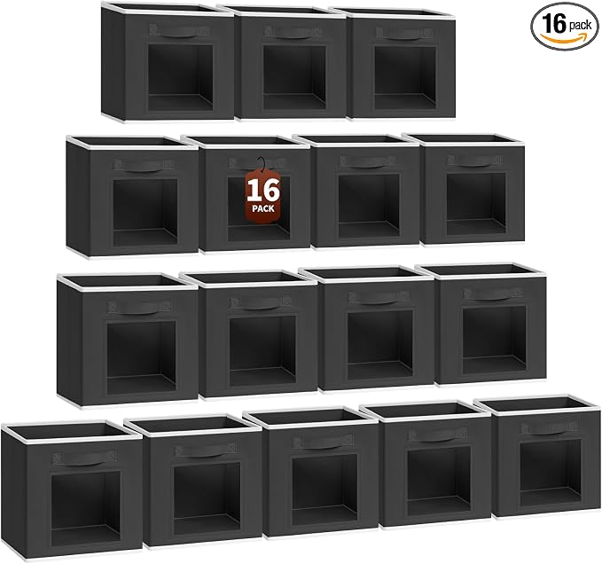 Homsorout Foldable Storage Cubes - Square Organizer with Window, Decorative Baskets for Organizing, Fabric shelf Basket for Clothes, 11 Inch Closet Storage Cubes, Set of 16, Black