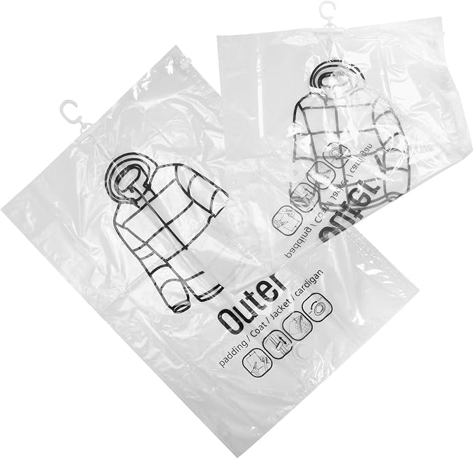 2pcs Travel Hanging Vacuum Storage Bags for Clothes and Bedding with Hook, Vacuum Compression Design, and Zip Seal for Space Saving in Closet and Travel Use