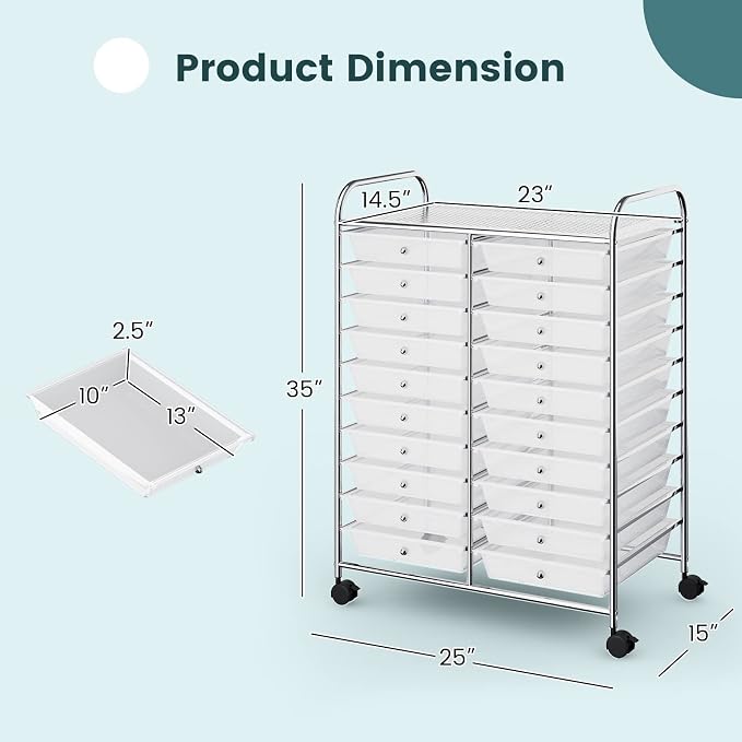 DREAMADE Rolling Cart with Storage Drawers, Utility Cart with Removable Plastic Drawers, Lockable Wheels, Art Cart for Classroom Organization Art Supplies Office Scrapbook (20 Drawers, Transparent)