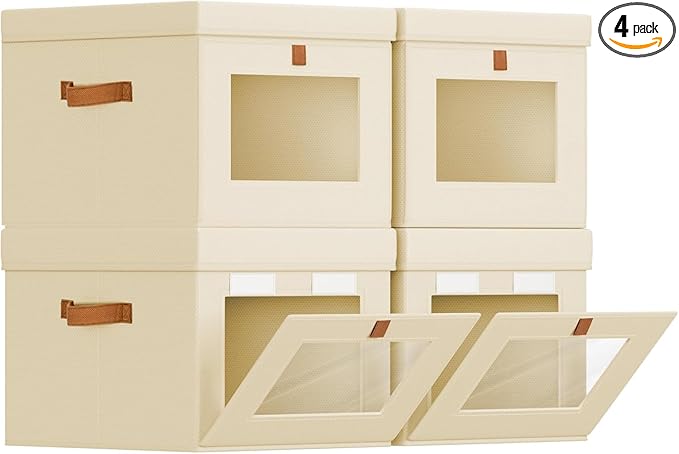 Homsorout Storage Bins with Lid – Closet Organizer with Side Opening and Clear Window, Foldable Stackable Fabric Basket for Clothes, Home, Office - 13.77" x 11.8" x 9.8", 4 Pack, Beige