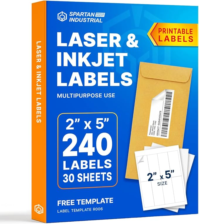 2" X 5" Matte White Printable Shipping Labels (30 Sheets, 240 Stickers) Address and Mailing Labels for Laser & Inkjet Printers - Spartan Industrial Template R006