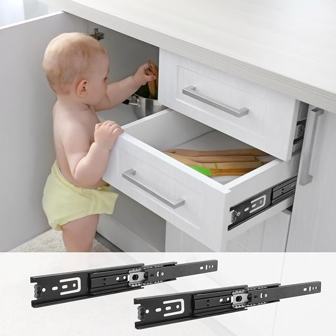 7 Pair 8 Inch Black Soft Close Drawer Slides, Heavy Duty Drawer Slides, Ball Bearing 3 Folds Full Extension, Used in Keyboard Trays, Table Drawers, Shelves, Nightstands, and More, by GENHAKON.