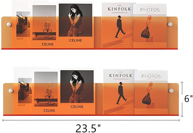 ROYALITA 2-Pack Acrylic Magazine Holder Brochure Holder, Orange 24 Inch | Record Magazine Rack, Fashion Floating Bookshelf, Literature Storage Rack for Waiting Room, Living Room, Office