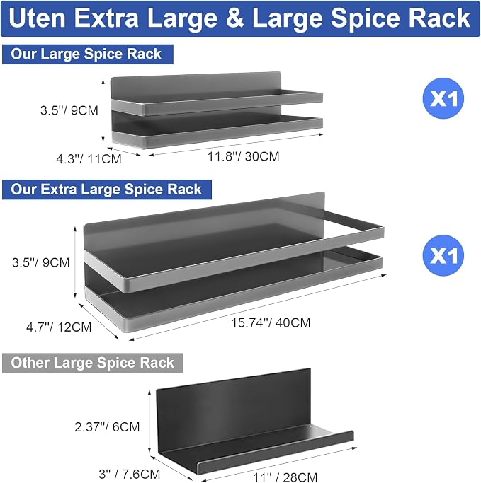 Uten Large Magnetic Spice Rack for Refrigerator 2 Pack, Gray | Heavy Duty Metal Magnetic Shelves, Capacity of up to 23lbs, Muti-Use for Kitchen, Washing Machine, 16"*4.5" and 12"*4"