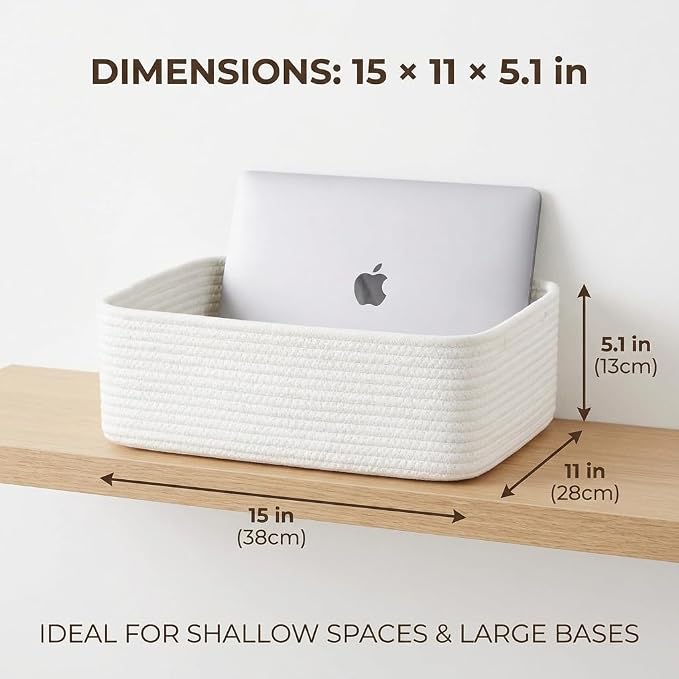 Large Shallow Basket, 15"x11"x5.1", Baskets for Organizing 2 Pack | White Shallow Storage Basket for Organizing, Shelves, Living Room, Nursery, Bathroom, Cotton Rope Basket Organizer