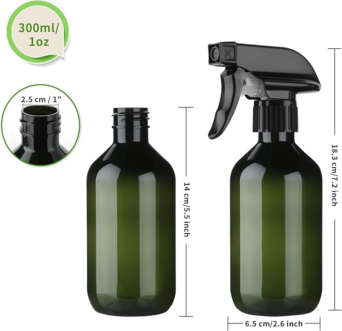 Arkeiliy 2-Pack Leakproof Spray Bottles (300ml/10oz) - Adjustable Nozzle for Fine Mist & Jet Stream | Premium Refillable Plastic Bottles for Hair Styling, Plant Misting, Cleaning Solutions (Green)