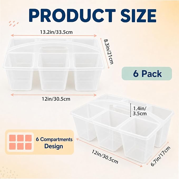 6 Pack Assorted Colors 6 Compartment Classroom Caddy with Handle Portable Plastic Storage Classroom Caddies Organizer for Classrooms Supply Teacher Office Table Desk(Clear)