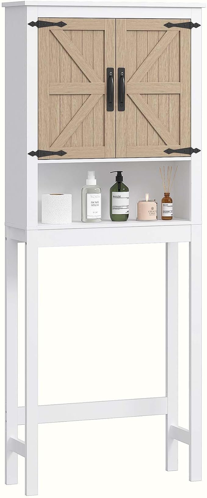 Spirich Over the Toilet Storage Cabinet with Wood-Grain Barn Doors, White | Adjustable Shelves, 33-Inch Toilet Clearance, Adjustable Bottom Rail, Anti-Tip Device, Farmhouse Style, FSC-Certified Wood
