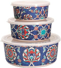 EMANUEL Set of 3 Melamine Food Storage Containers - Reusable Storage Lunch Boxes Plastic Lid - Unique Printed Designs (Armenian Tiles BMB-21F)