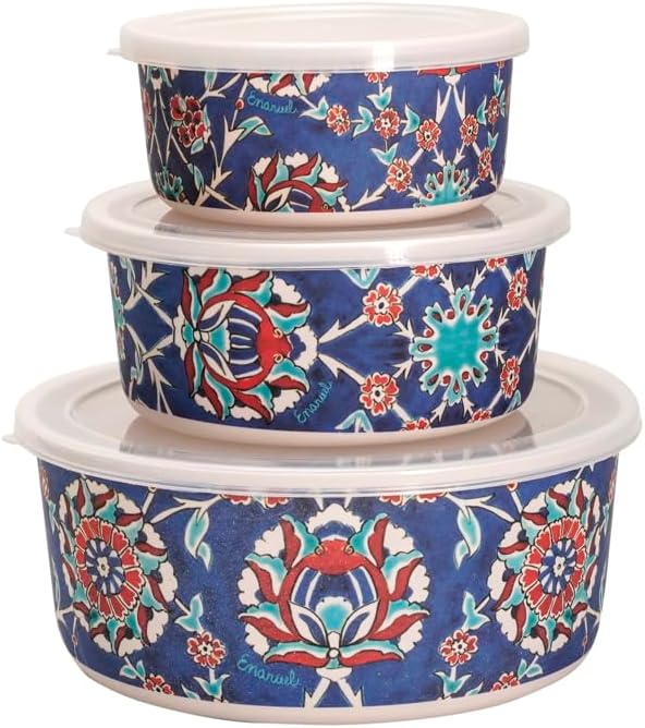 EMANUEL Set of 3 Melamine Food Storage Containers - Reusable Storage Lunch Boxes Plastic Lid - Unique Printed Designs (Armenian Tiles BMB-21F)