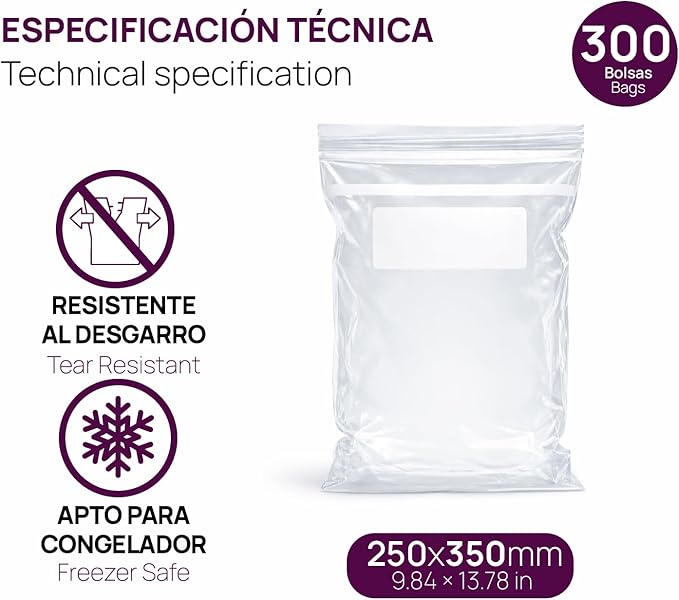 Ofituria Transparent Zip Bags 250 x 350 mm with Airtight Seal, Zip Bags for Food, Snacks, Freezing as well as Kitchen and Travel Organisation - Ofituria (300 Bags)