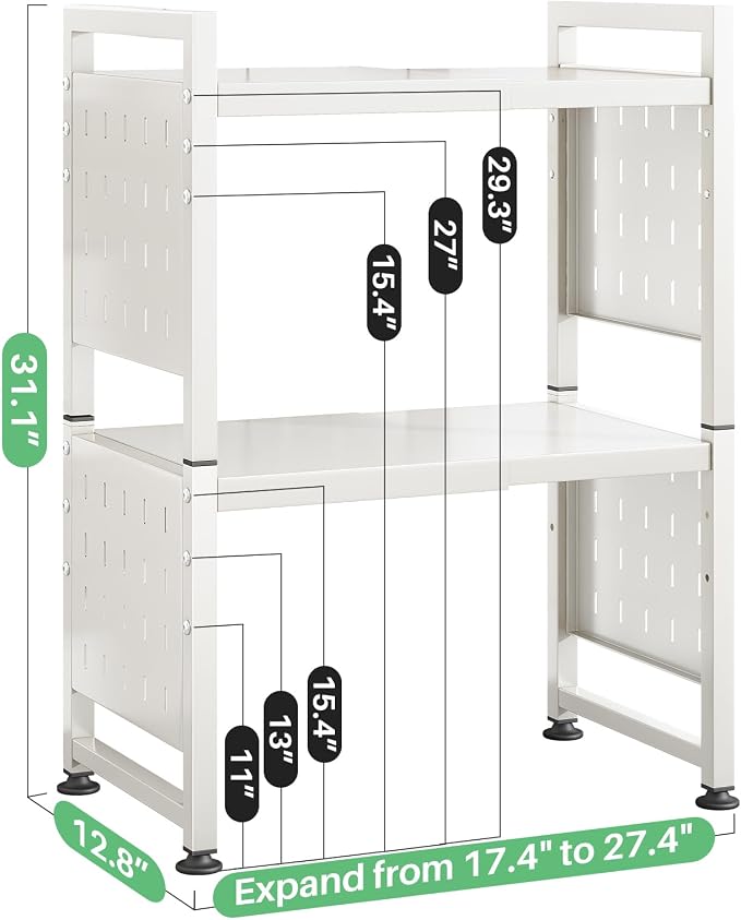 Microwave Stand, 3-Tier Expandable(17.4"-27.4") Microwave Oven Rack, Heavy Duty Adjustable Shelf with 9 hooks, Kitchen Organizer Storage Shelves for Pantry, Countertop, Coffee Bar, Office, Dorm, White