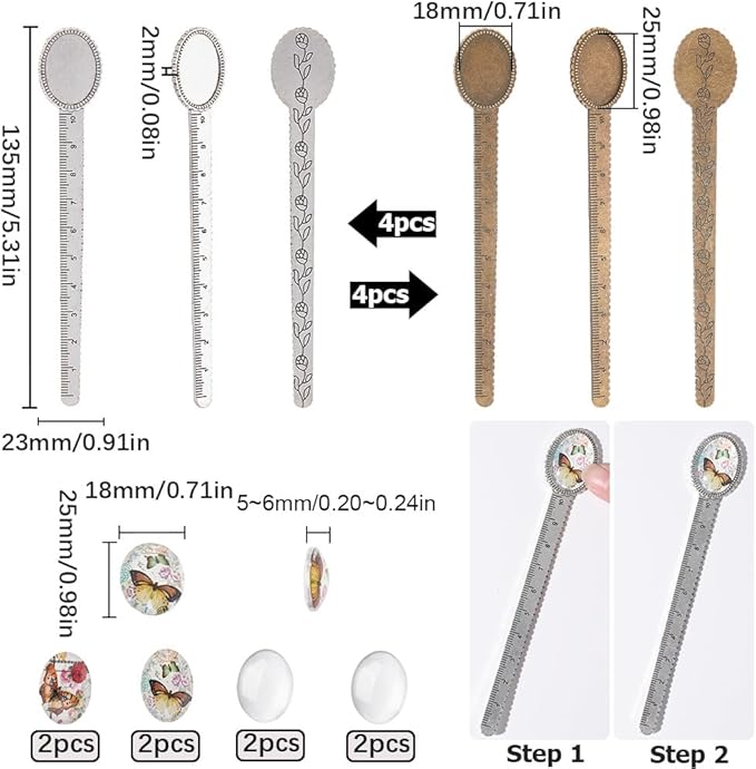 SUNNYCLUE 16Pcs DIY 8 Sets Metal Bookmark Blanks Oval Glass Cabochons Ruler Bookmark Bezel Trays Butterfly Book Mark Blanks Bezels Antique Silver Bronze Cabochon Bookmarks Making Kit for Men Women