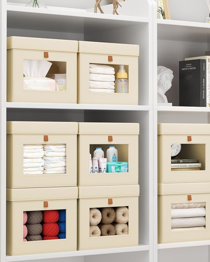 Homsorout Storage Bins with Lid – Closet Organizer with Side Opening and Clear Window, Foldable Stackable Fabric Basket for Clothes, Home, Office - 13.77" x 11.8" x 9.8", 6 Pack, Beige