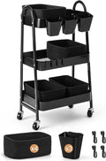 3-Tier Rolling Utility Cart with 4 Woven Baskets, Diaper Book Snack Cart, Storage Organizer for Nursery, Kitchen, Craft Room, Home SPA, Living Room, Metal Frame Trolley on Lockable Wheels, Black