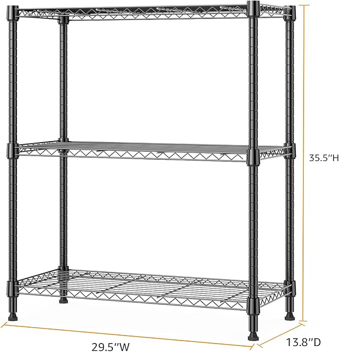 M MZG 750 lbs 3 Tier Storage Rack Metal Wire Shelving Unit, Storage Standing Shelf Organizer for Laundry Bathroom Kitchen Pantry Closet Garage Basement Utility Room, Black 13.8" D x 29.5" W x 35.5" H