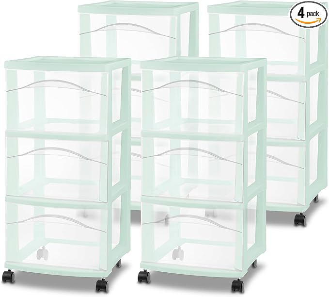 Sterilite 4 Pack 3 Drawer Storage Cart, Plastic Rolling Organization, Mint | Clear Plastic Organizer Drawers with Wheels for Craft Supplies, Bath Essentials, or Home Accessories