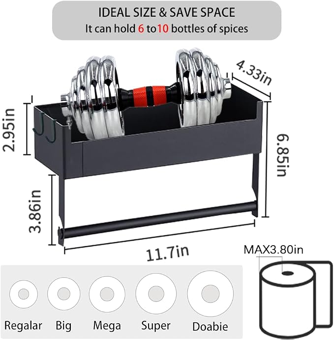 Magnetic Spice Rack for Refrigerator with Paper Towel Holder, Magnetic Spice Organizer Shelf for Small Kitchen Storage, Space Saver Container for Apartment, Black
