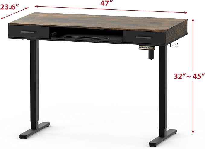 SHW 48-Inch Electric Height Adjustable Desk w/Keyboard Tray, Rustic Brown | w/ 2 Drawers | Memory Presets and Cable Management | Hanging Hooks