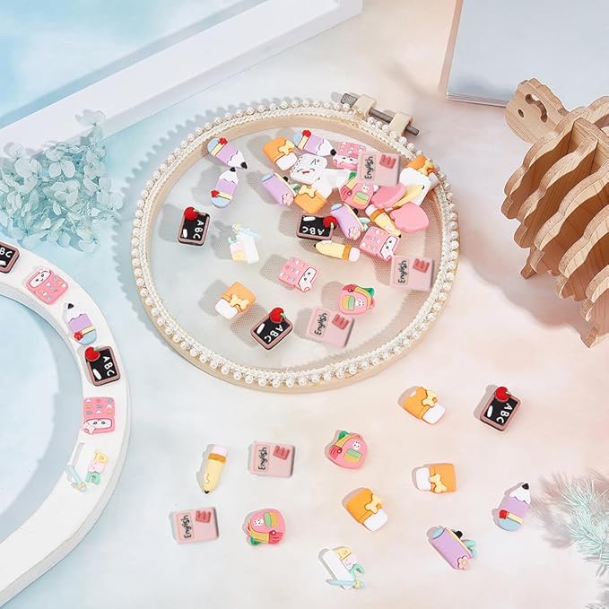 SUNNYCLUE 100Pcs 10 Styles School Cabochons Resin Charms Back to School Supplies Pencil Eraser Blackboard Ruler 3D Cabochons for Embellishments Flat Back Scrapbooking Hair Clips DIY Crafts for Adult