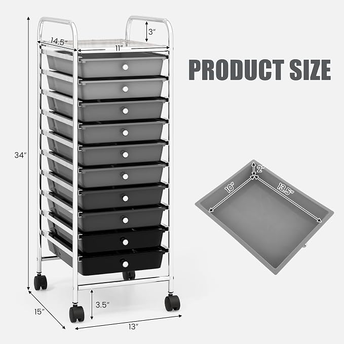 GOFLAME 10-Drawer Rolling Storage Drawer Cart, Utility Cart with Removable Drawers & Metal Frame, Mobile Art Craft Drawer Cart with Lockable Wheels for Home, Office, Studio, School, Gray Gradient