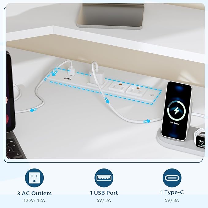 47" Corner Desk with Drawers, Power Outlets ＆ Printer Shelf for Small Space | Small Computer Desk with Monitor Stand, Triangle Gaming Desk with LED Lights and Keyboard Tray, White