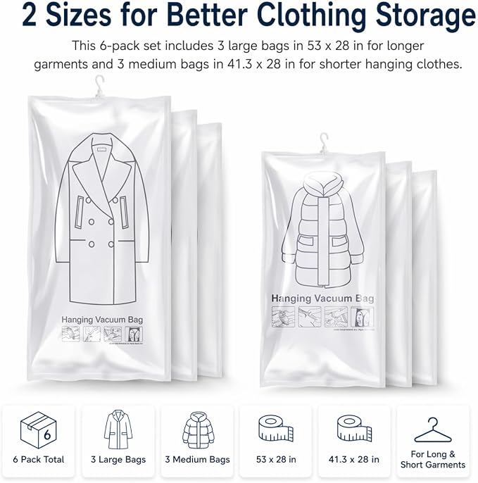 Hanging Vacuum Storage Bags for Clothes, Space Saver Bags for Coats and Winter Jackets, Seal Bags for Clothing, Large Vacuum Bags for Closet Storage, Travel & Seasonal Garment Organization