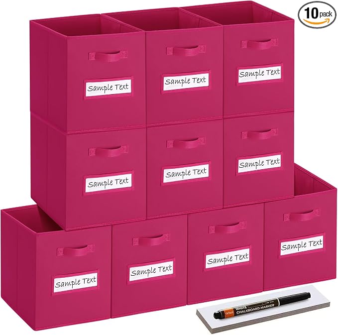 13x13 storage cube bins (Set of 10) Foldable Fabric storage cubes with 10 Labels Window Cards & a Pen,13 inch cube storage bins,Closet Organizers for Shelves,Cubby Organizer Boxes,Dark pink