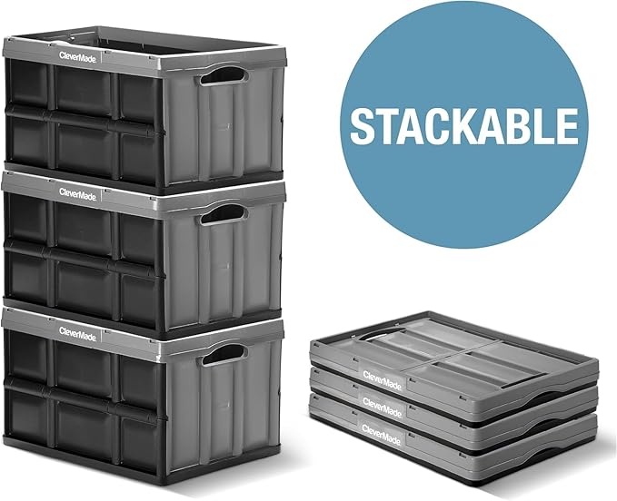 CleverMade Collapsible Storage Bins 32L 3 Pack – Heavy Duty Foldable Storage Bins with Built-In Handles for Garage Storage and Home Organization - Stone