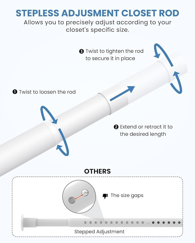 Supforce 2 PACK Closet Rods for Hanging Clothes, 17 to 39 Inches Stepless Adjustable Metal Closet Rod, 1.3 Inches Heavy Duty Clothes Hanging Rod for Closet Wardrobes Laundry RV, White
