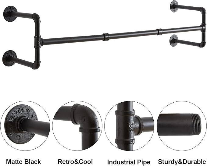 IBUYKE Industrial Pipe Clothes Rack, 50 Inch Wall Mounted Clothing Rack, Space-Saving Hanging Closet Rod, Heavy Duty Multi-Purpose Garment Rack for Closet and Laundry Room(4 Bases), Black TYJ002H