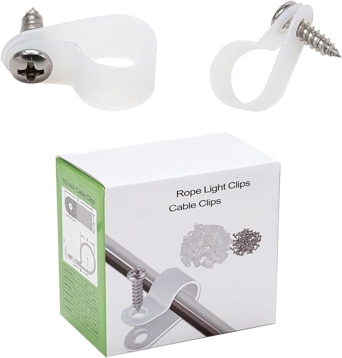50 Pack 1/2'' P-Style Rope Light Clips with Stainless Steel Screw | Outdoor Mounting Clips/Cable Clips Clamps/Wire Management/Electrical Wiring/Concealed Wiring/Cord Installation/Christmas
