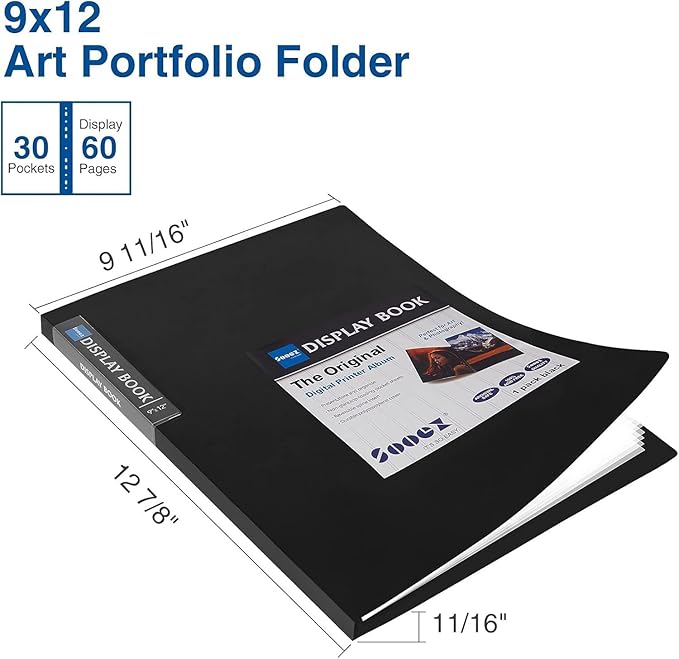 Sooez 30-Pocket Binder with Plastic Sleeves 9x12, Heavy Duty Art Portfolio | Folder with Clear Sheet Protectors, Display 60 Pages, Presentation Book for Artwork, Document Organizer Binder, Black