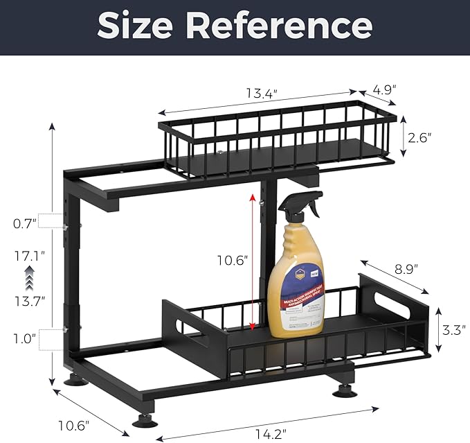 Under Sink Organizer, 2-Tier Premium Metal Pull-Out Racks with Adjustable Height, Heavy Duty Sliding Bin for Bathroom and Kitchen Cabinet Storage, Rust Resistant 1 Pack Black