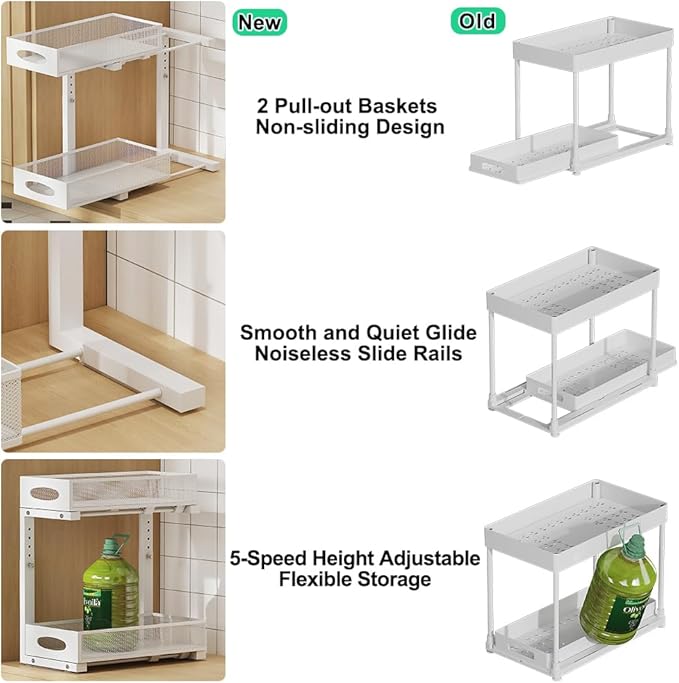1 Pack Under Sink Organizer and Storage, 2 Tier Pull Out Sliding Cabinet Shelf, 5-Level Height Adjustable Thickened Carbon Steel Storage Rack for Kitchen Bathroom Cabinet, White
