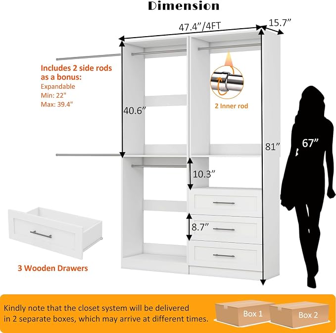 Closet System with 3 Drawers, 4FT-10FT Closet Organizer Systems with 5 Hanging Rods, Walk in Closet Freestanding Corner Closet System Modular Closet System 2 Sets White (4FT)