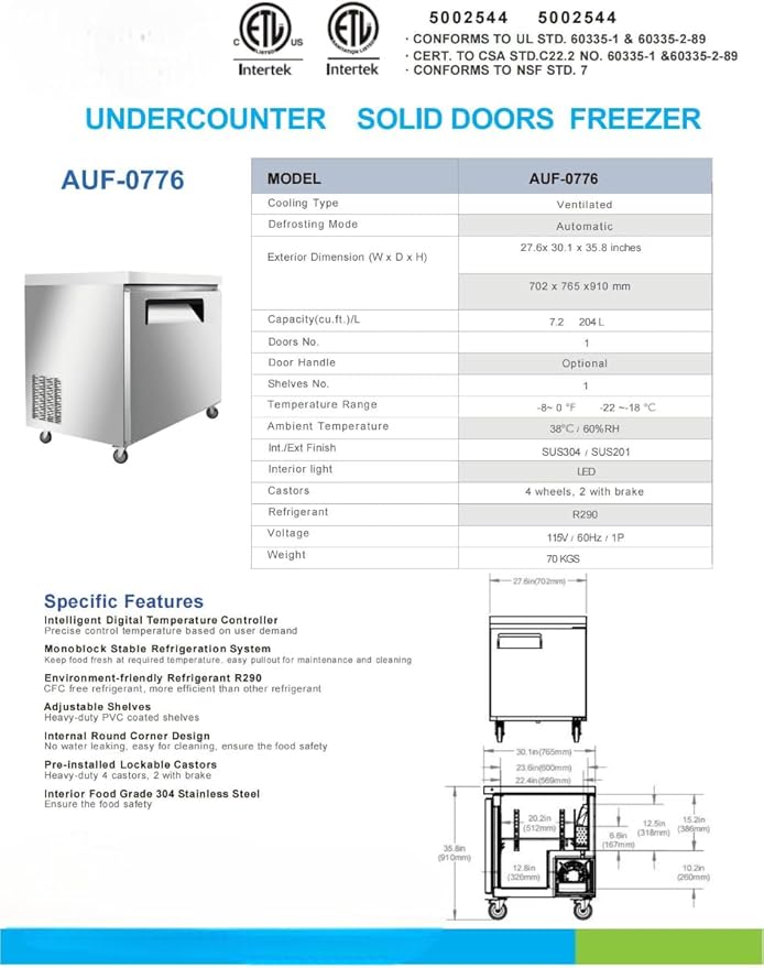 Commercial Undercounter Freezer, ETL Stainless Steel, One Door, 27" W 6.3 cu. ft. -8°F to 0°F*