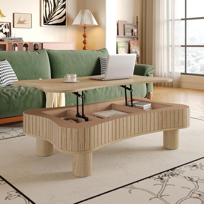 Lift Top Coffee Table with Hidden Storage Fluted Panel Silent Hydraulic Lift Curved Corners (Natural)