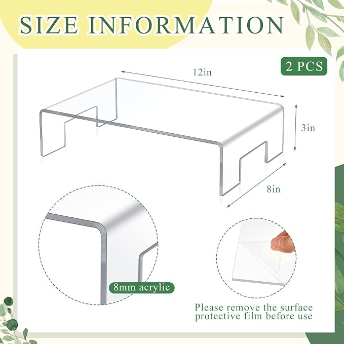 RattanView 2 Pcs 12 x 8 x 3 Inch Large Acrylic Risers Display Stands 5 mm Thick Acrylic Shelf Riser Showcase for Collectibles Jewelry Cupcakes Food Figures Perfume Cabinet (Clear)